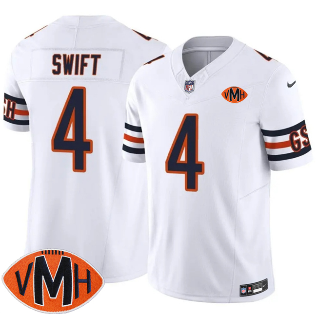 Men's White Chicago Bears #4 D'Andre Swift 2025 F.U.S.E. With Illinois and VMH Patch Vapor Untouchable Limited Stitched Football Jersey